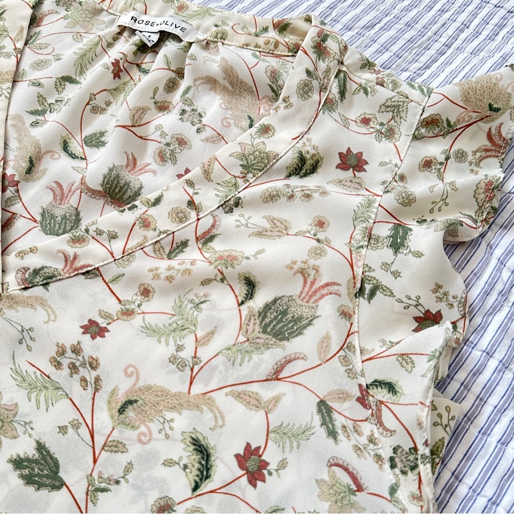 Rose & Olive Cream Botanical Floral Top - S Small - Boho Ruffle Romantic - Picture 2 of 15